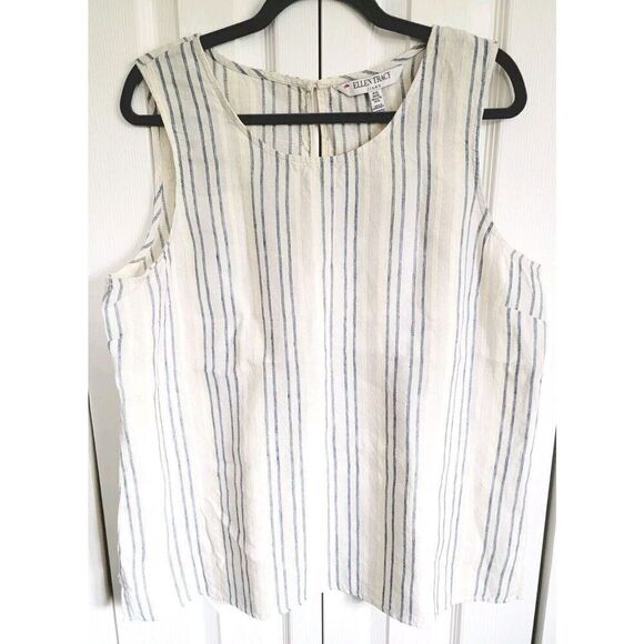 Ellen Tracy XL‎ Beige Popover Linen Sleeveless Top Navy Vertical Stripes Keyhole - Picture 1 of 9
